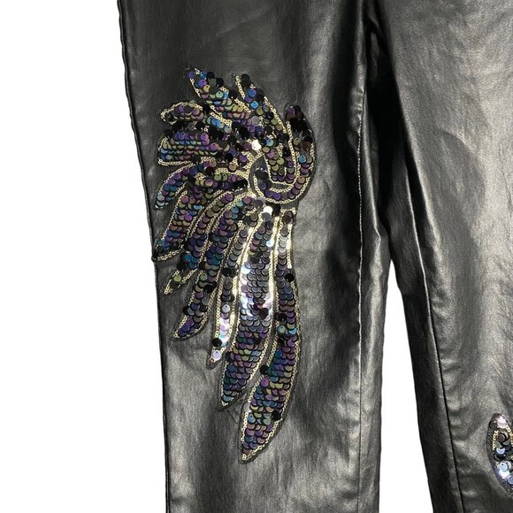 Venus Women's Black Faux Leather Sequin Wing Stretch Tapered Leg Pants - Picture 5 of 11